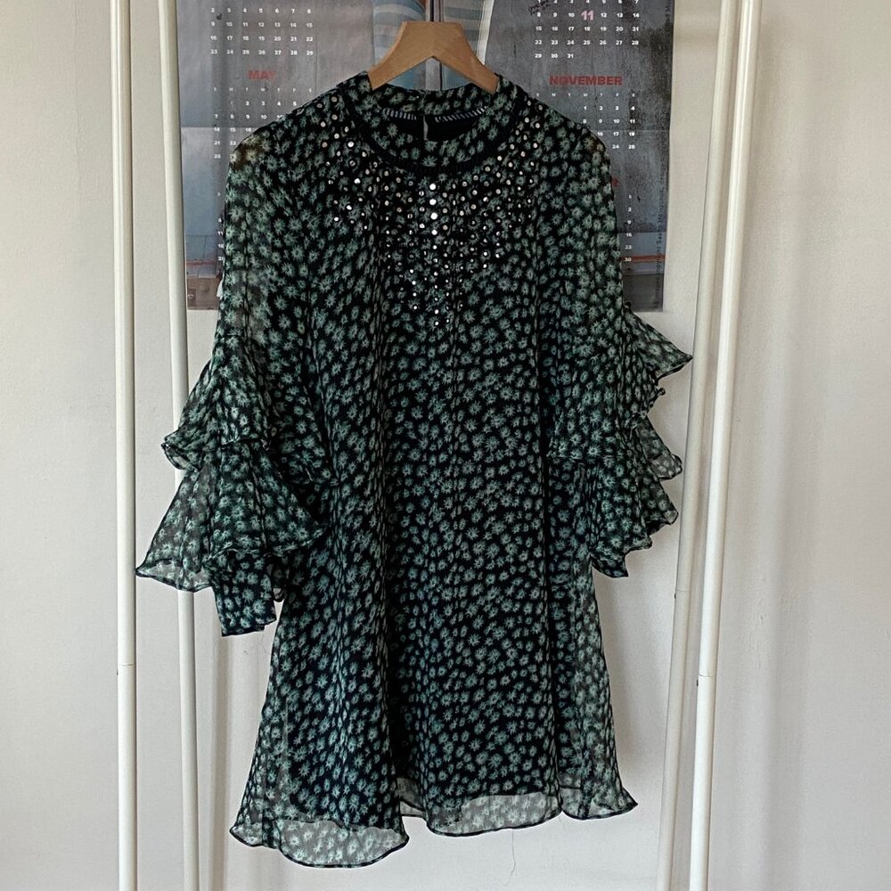 ANTHROPOLOGIE Ranna Gill Black Green Floral Flutter Sleeve Mini Dress Tunic